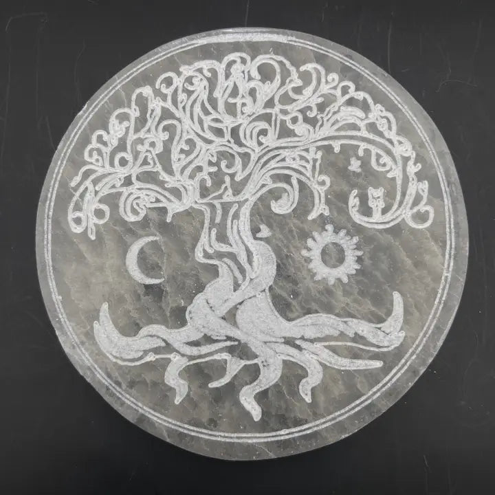 Plaque de Rechargement en Sélénite – Arbre de Vie Lunaire 10 cm